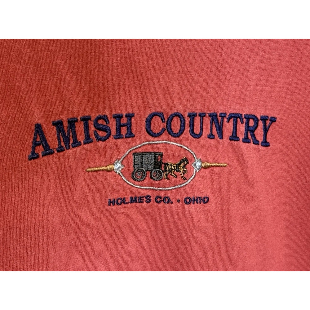 Vintage 90s Red Amish Country Holmes, County Ohio Embroidered T-Shirt Sz 2XL
